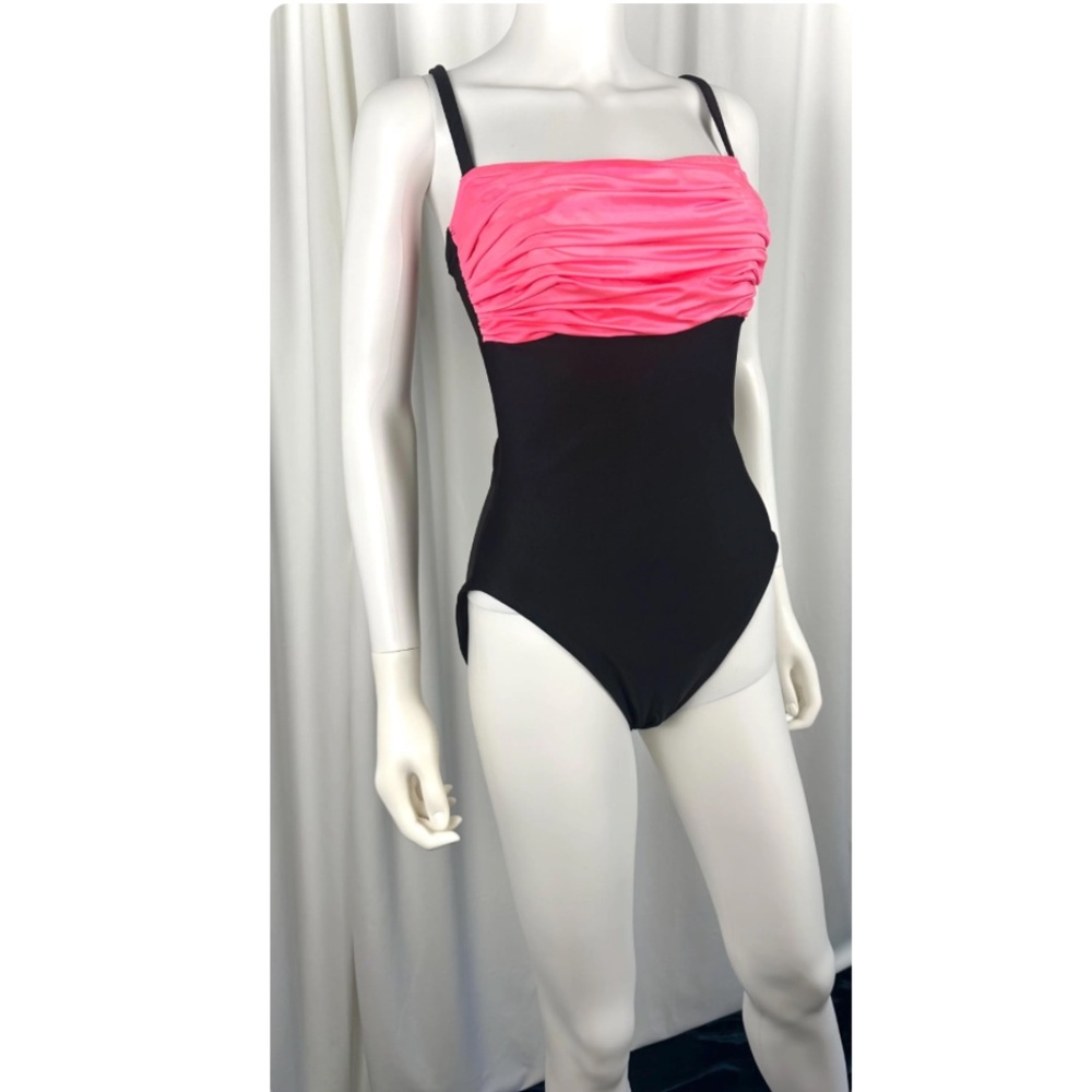 Vintage 1980’s ‘La Blanca’ Hot Pink + Black Rushed One Piece Bathing Suit • L/XL - Picture 5 of 10